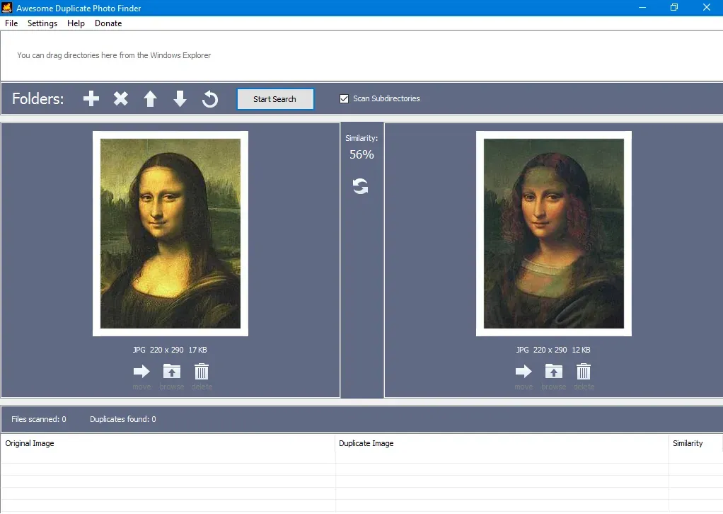 Startbildschirm des Awesome Duplicate Photo Finders mit Porträt