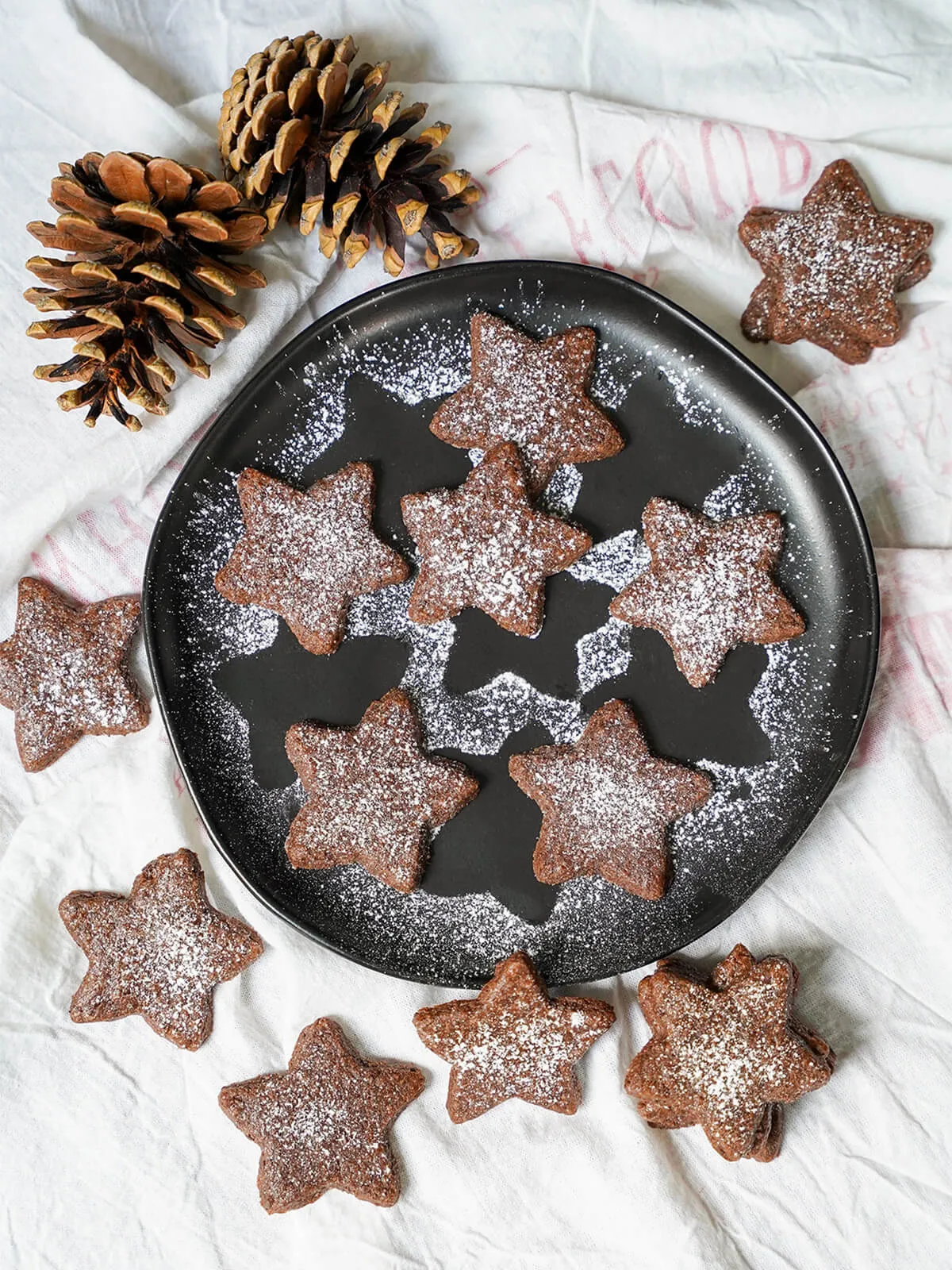 Sterne-förmige Basler Brunsli Schokoladen-Mandel-Kekse auf einem Teller, einige mit Puderzucker bestäubt.