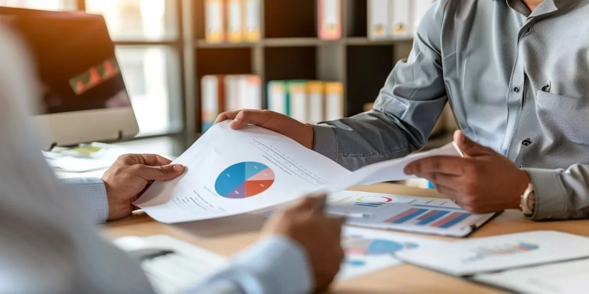 Steuerberater bespricht Finanzdokumente mit einem Klienten im Büro