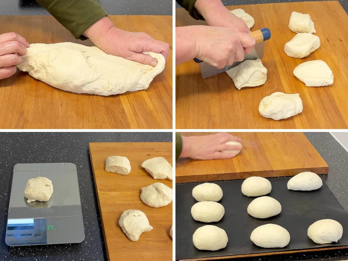 Stretching bread dough, cutting and weighing dough pieces followed by shaped rolls on a baking tray.