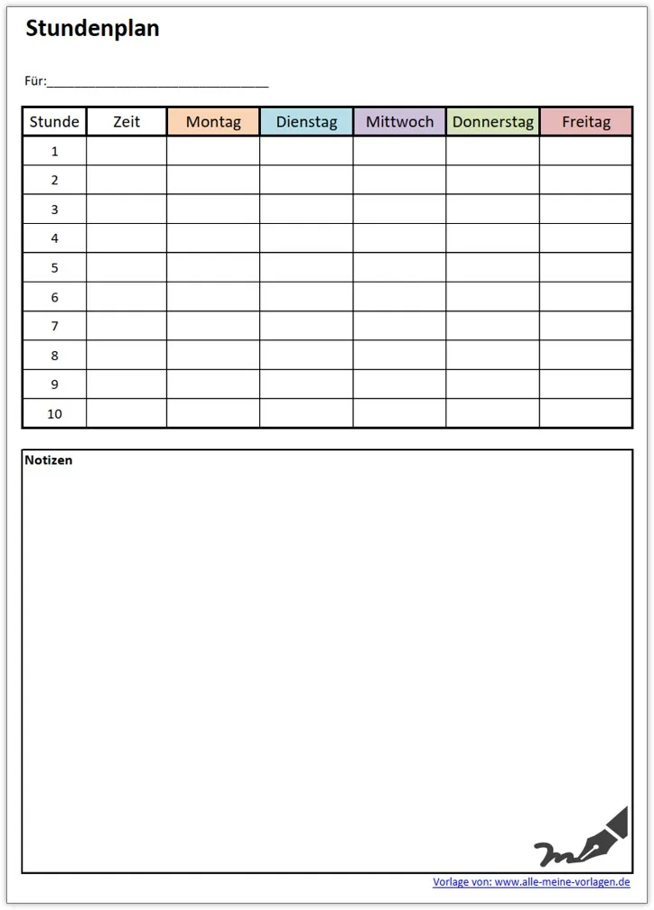 Stundenplan Vorlage im DIN A4 Hochformat, ideal für detailreiche Eintragungen und Notizen