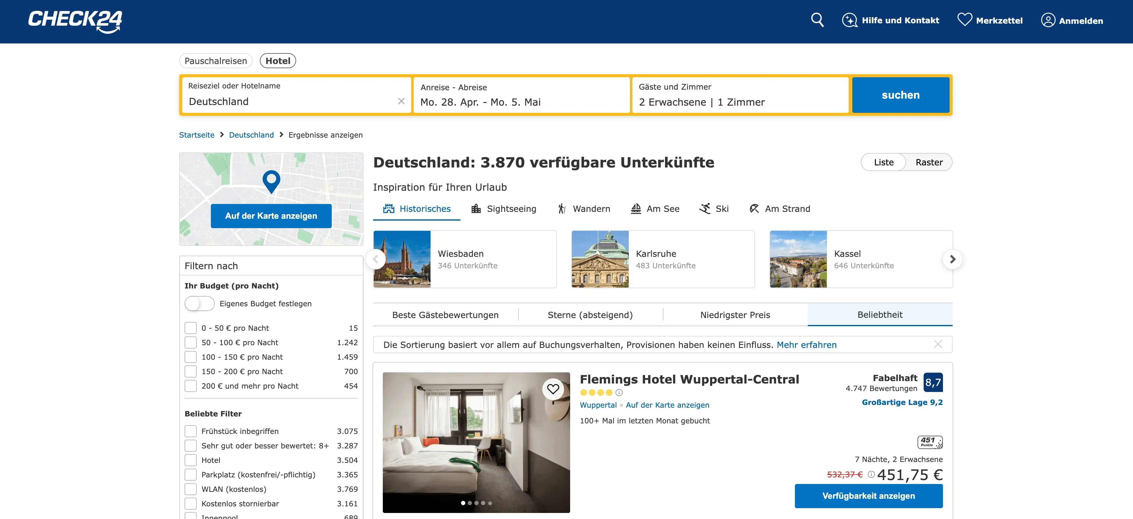 Suchergebnisseite von Check24 Reisen mit Hotelauflistungen