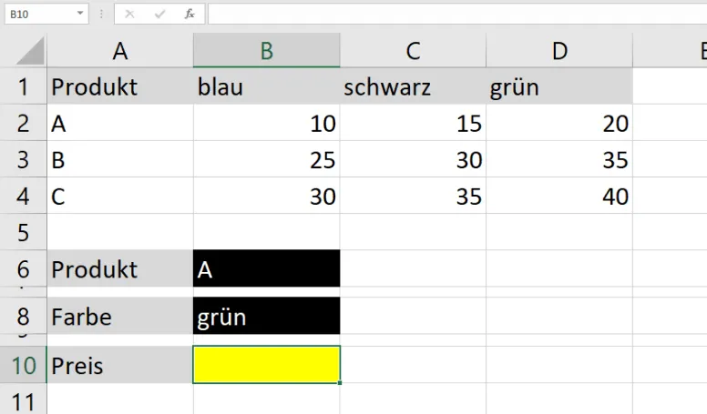 Suchtabelle, die den gewünschten Wert für Produkt A und das Kriterium "grün" hervorhebt
