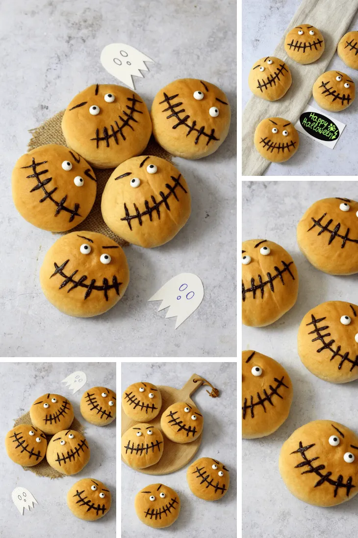 Süße Halloween Brötchen mit Zuckeraugen und gemalten Gesichtern