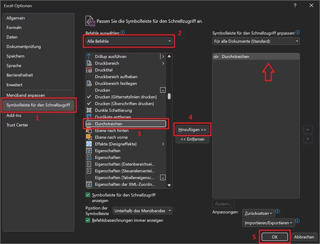 Symbol der Durchstreichen-Funktion dauerhaft im Menü anzeigen