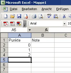 Tabelle anlegen mit Spalten Punkte und Noten in Excel