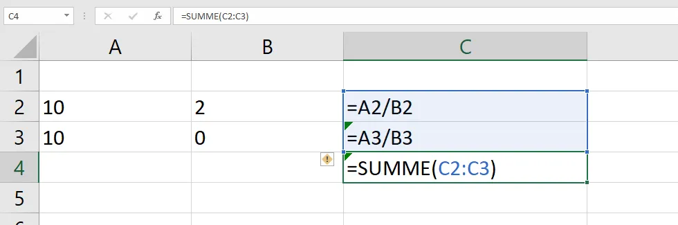 Tabelle mit Division durch Null in Zelle B3