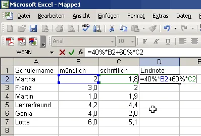 Tabelle zur Notengewichtung in Excel anlegen