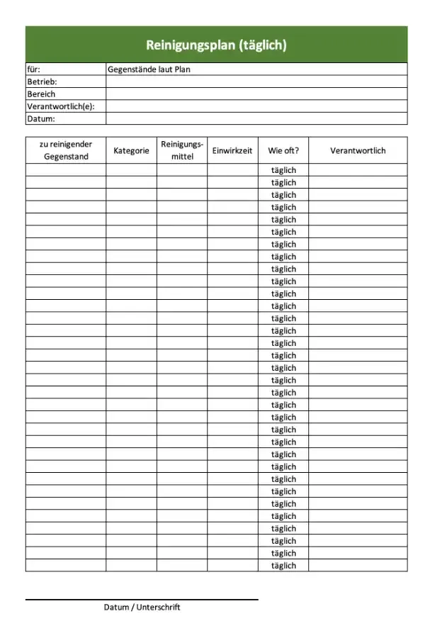 Täglicher Reinigungsplan für die Küche (Screenshot der Excel-Vorlage)