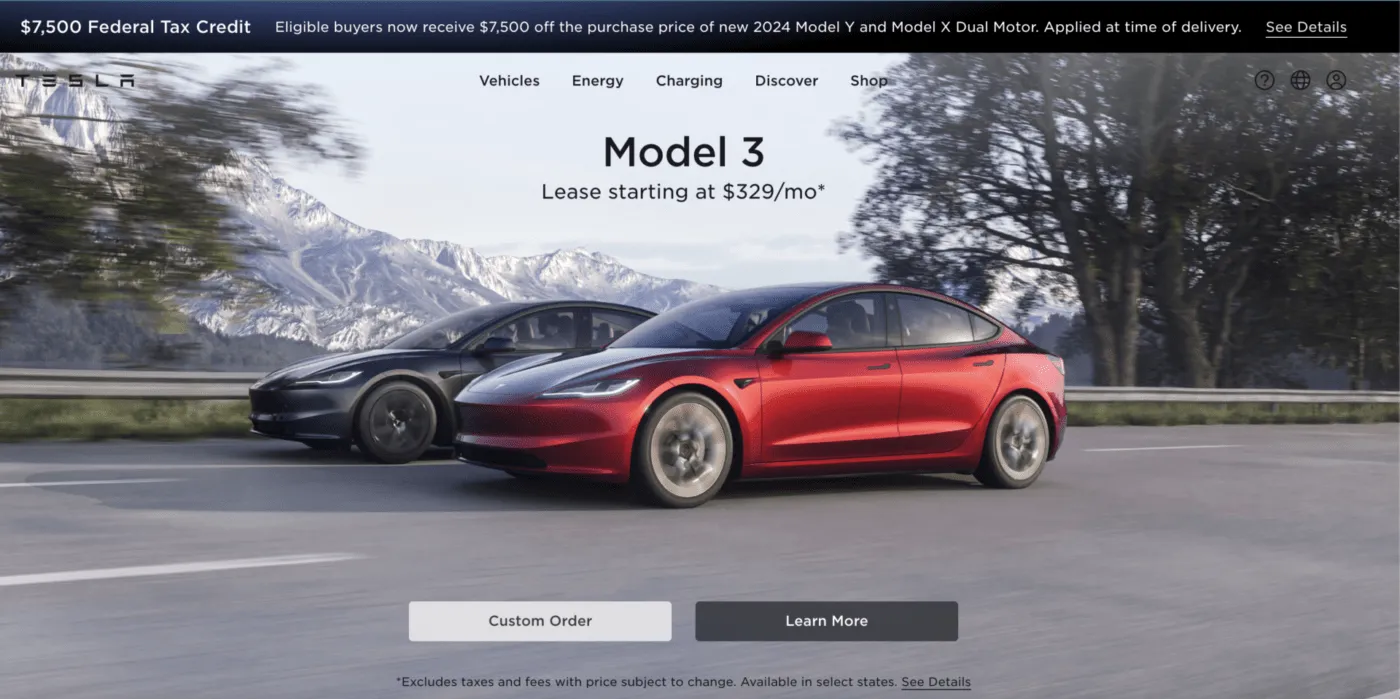 Tesla-Homepage zeigt Elektrofahrzeuge und Energiespeicherlösungen