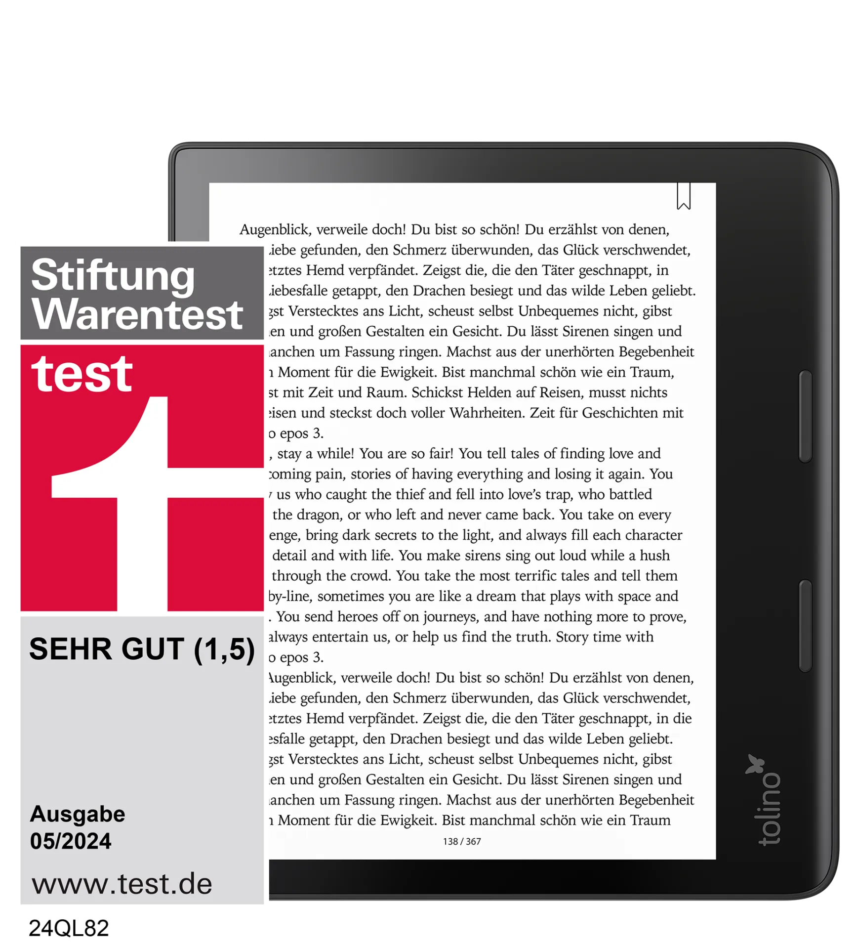 Tolino Epos 3 Frontansicht mit "Sehr gut" Siegel