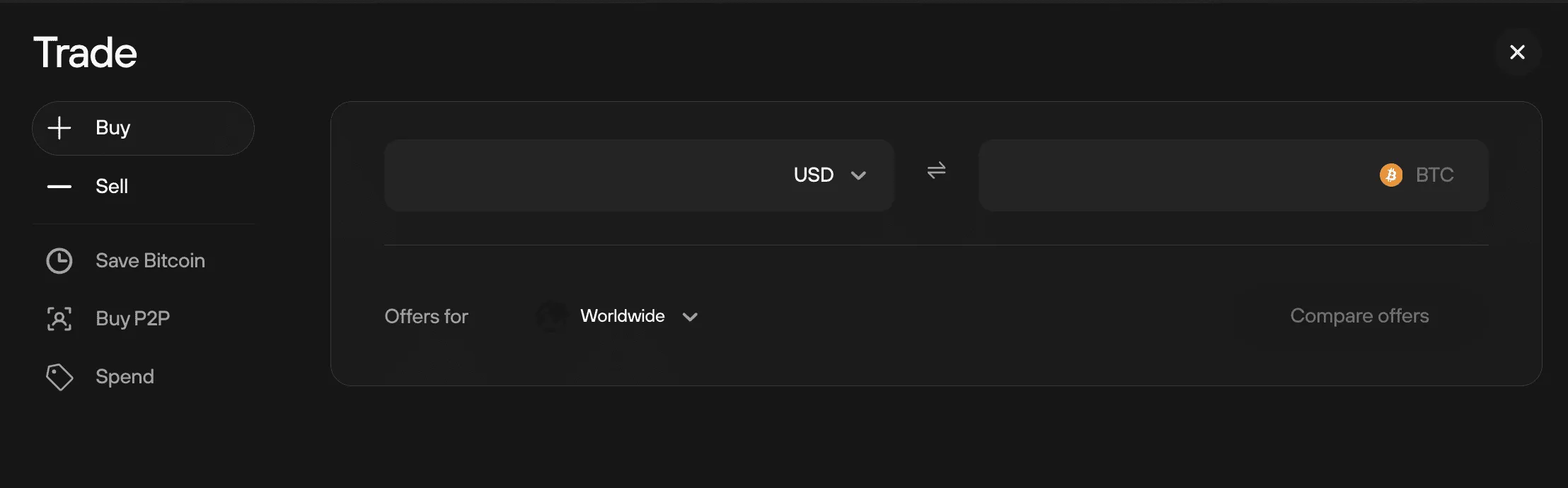 Trezor Suite Handelsmenü mit Optionen zum Kaufen oder Verkaufen von Bitcoin und Filtern für Währung und Region.