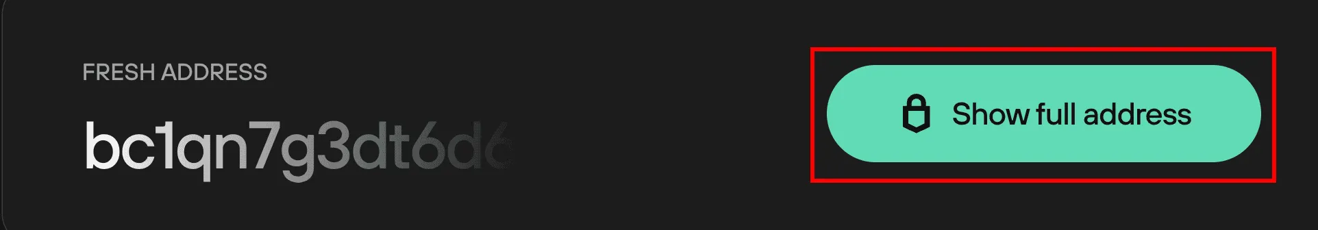 Trezor Suite-Oberfläche, die eine Teilstrecke einer Bitcoin-Adresse mit einer Schaltfläche „Vollständige Adresse anzeigen“ zur Überprüfung zeigt.