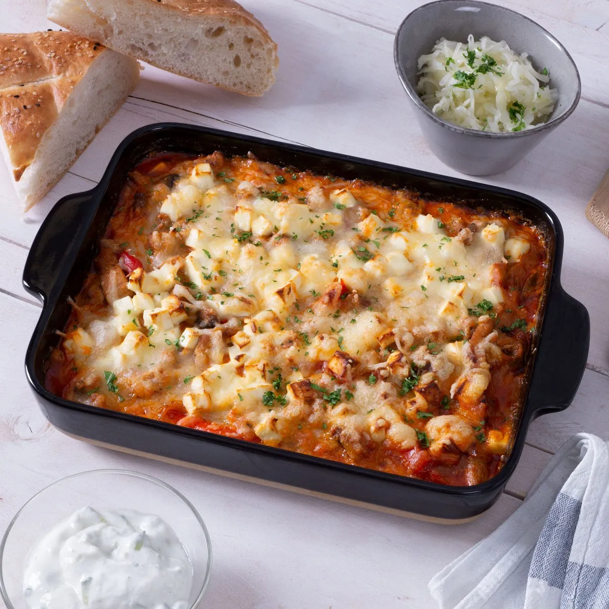 Überbackener Gyrosauflauf mit Metaxa-Soße – saftiges Fleisch, cremige Soße und würzige Aromen vereinen sich zu einem herzhaften Klassiker der griechischen Küche. Serviert in einer Lurch Keramik Auflaufform Terra Nova.