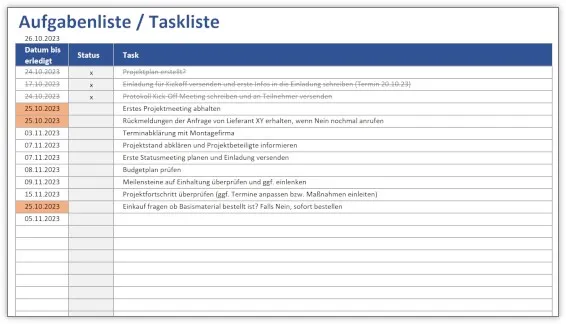 Übersicht der Aufgabenliste Vorlage für Excel