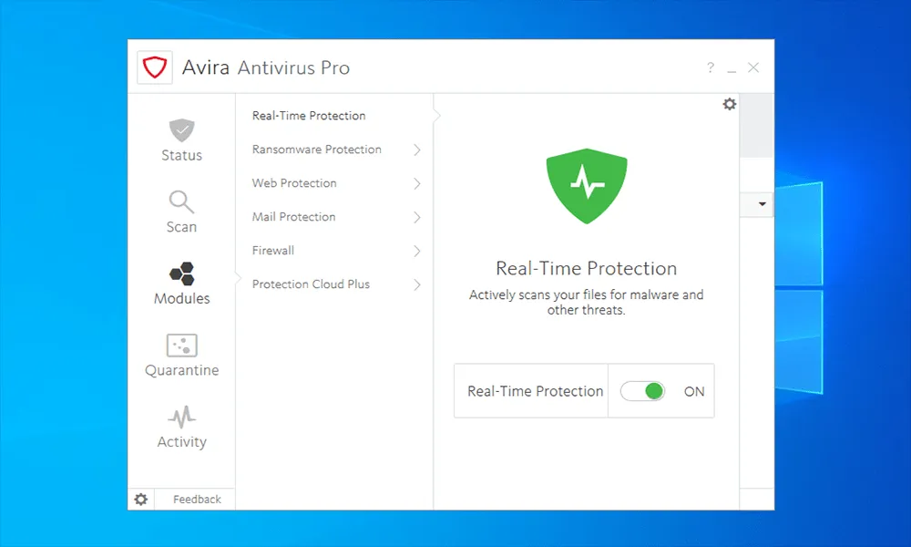 Übersicht der Avira-Funktionen, inklusive Antivirus Pro und Phantom VPN