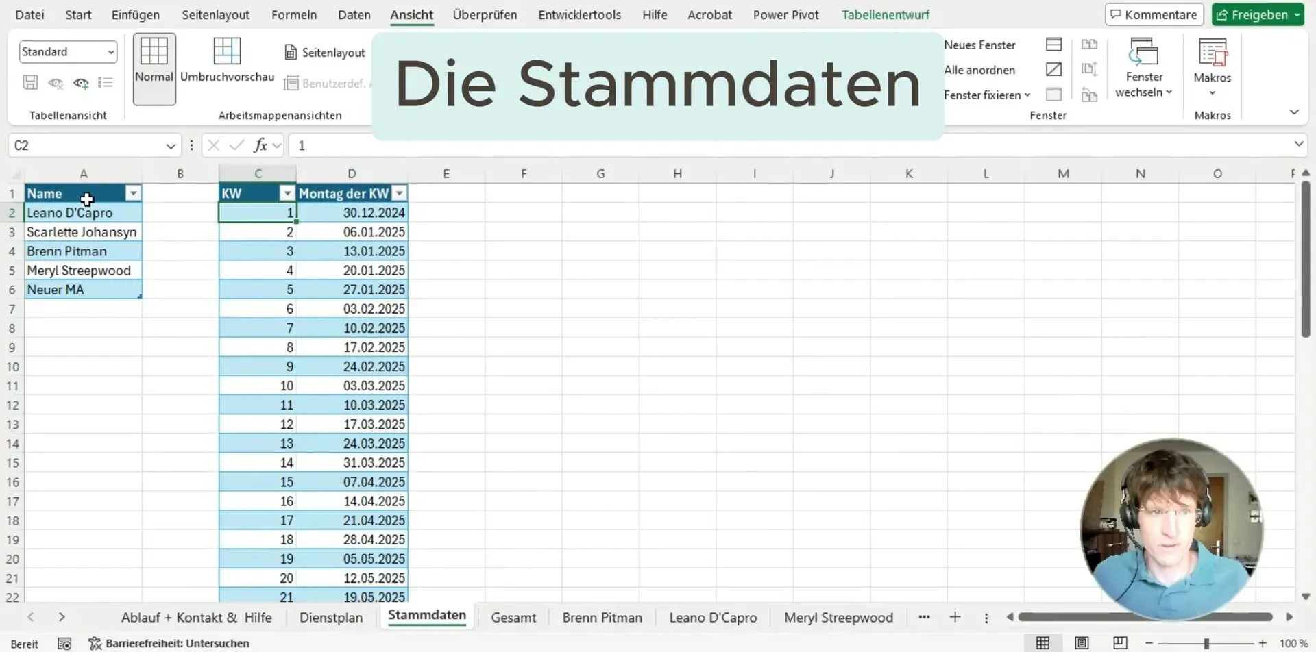 Übersicht der Stammdaten in der Excel-Dienstplan-Vorlage