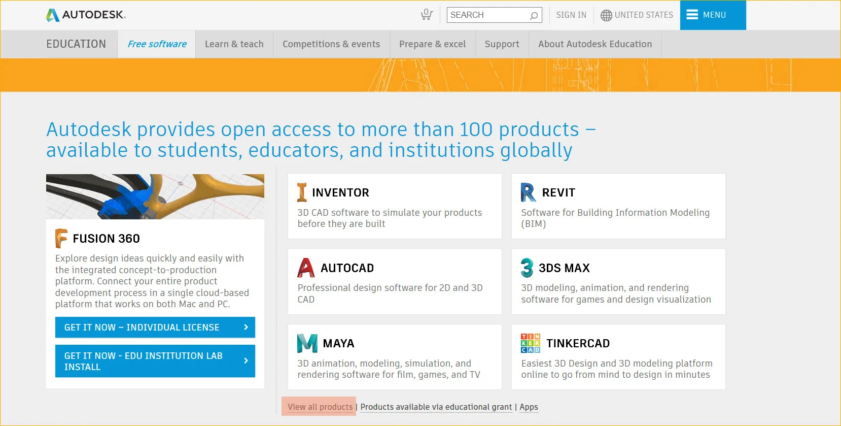 Übersicht der verfügbaren Autodesk-Softwareprodukte wie AutoCAD und Civil 3D auf dem Education Portal