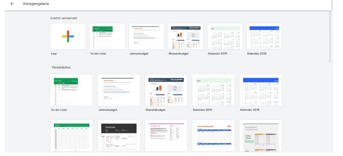 Übersicht der verfügbaren Google Tabellen Vorlagen