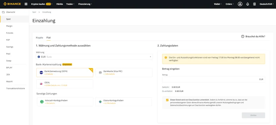 Übersicht der verschiedenen Einzahlungsmöglichkeiten auf Binance, wobei die Banküberweisung gebührenfrei ist