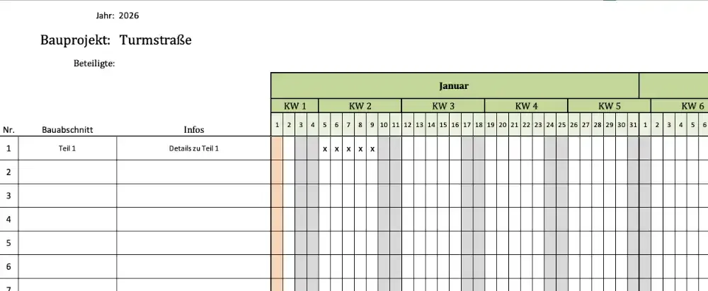 Übersicht des umfassenden Bauzeitenplans für 2026 mit 60 Bauabschnitten und KW-Angaben