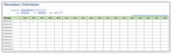 Übersicht über die verschiedenen Tabellenblätter einer Dienstplan-Excel-Vorlage.