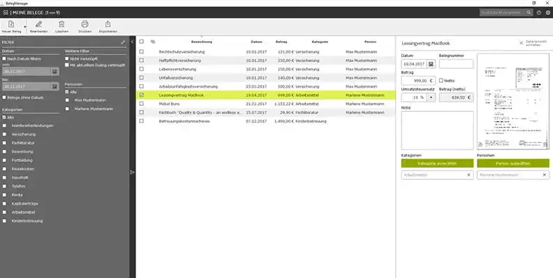 Übersichtliche Belegverwaltung in Lexware FinanzManager Deluxe 2021