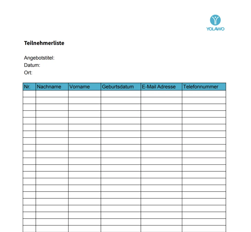 Übersichtliche Darstellung einer Muster-Teilnehmerliste mit wichtigen Feldern wie Name, Kontaktdaten und Anwesenheitsstatus.