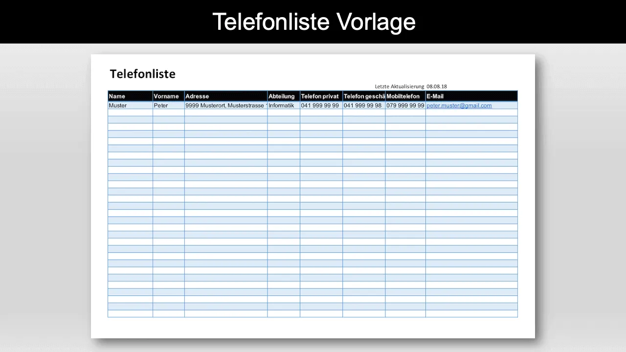 Übersichtliche Darstellung einer Telefonliste Vorlage in Excel