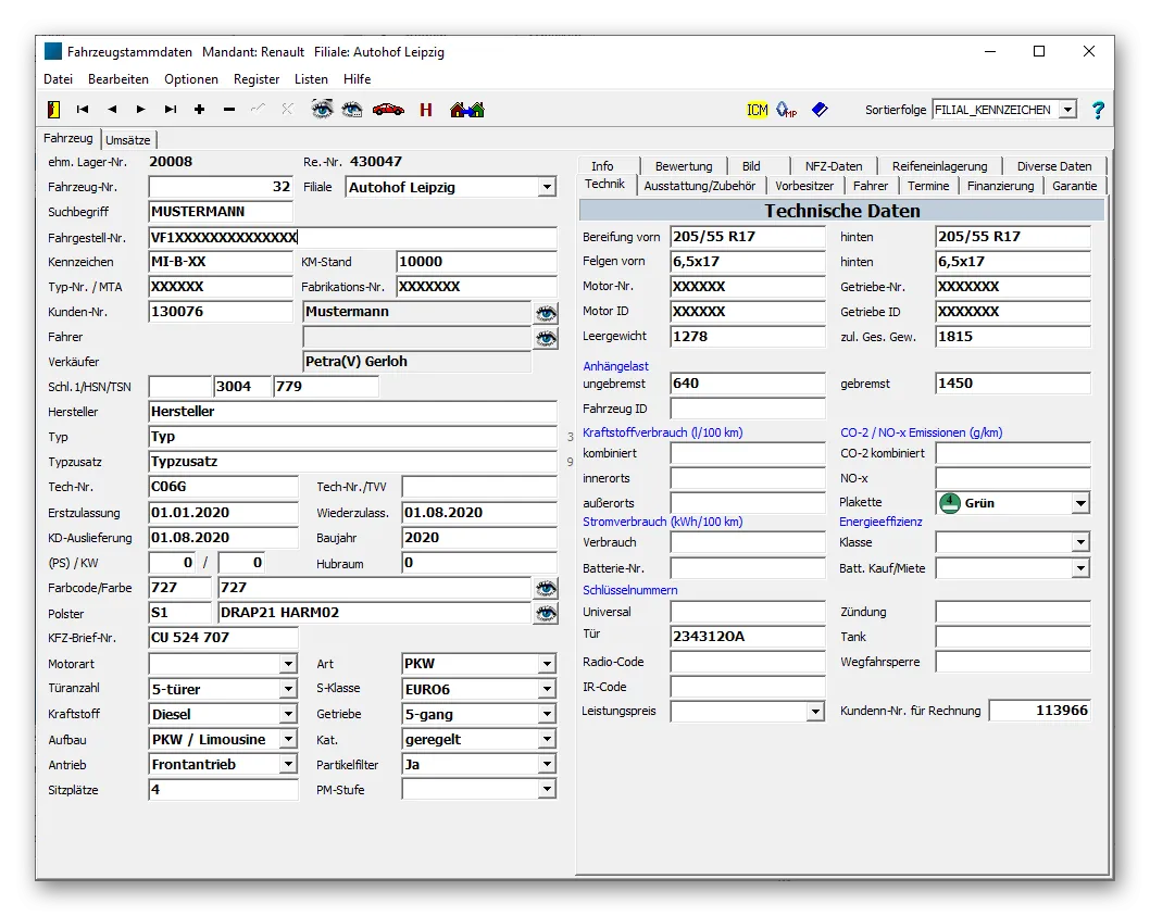 Übersichtliche Darstellung von Kunden- und Fahrzeugstammdaten in der Kfz-Werkstattsoftware