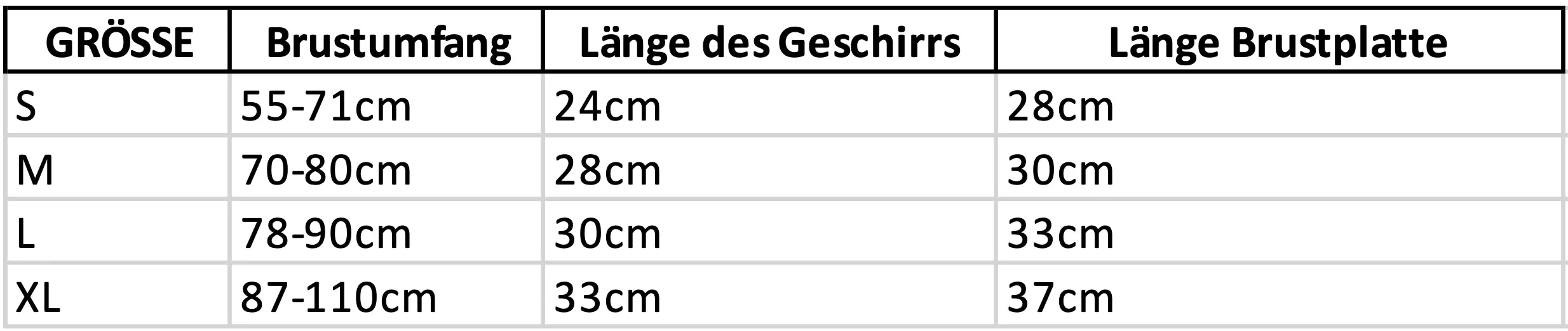 Übersichtliche Größentabelle für das Alltrail CC-K9 Hundegeschirr