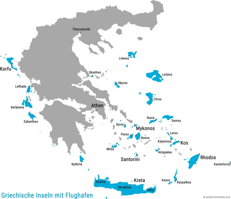 Übersichtskarte der griechischen Inseln, die einen eigenen Flughafen besitzen
