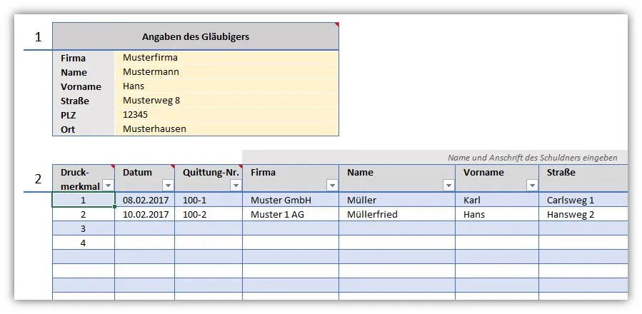Übersichtstabelle der Quittungsverwaltung in Excel mit Gläubigerdaten