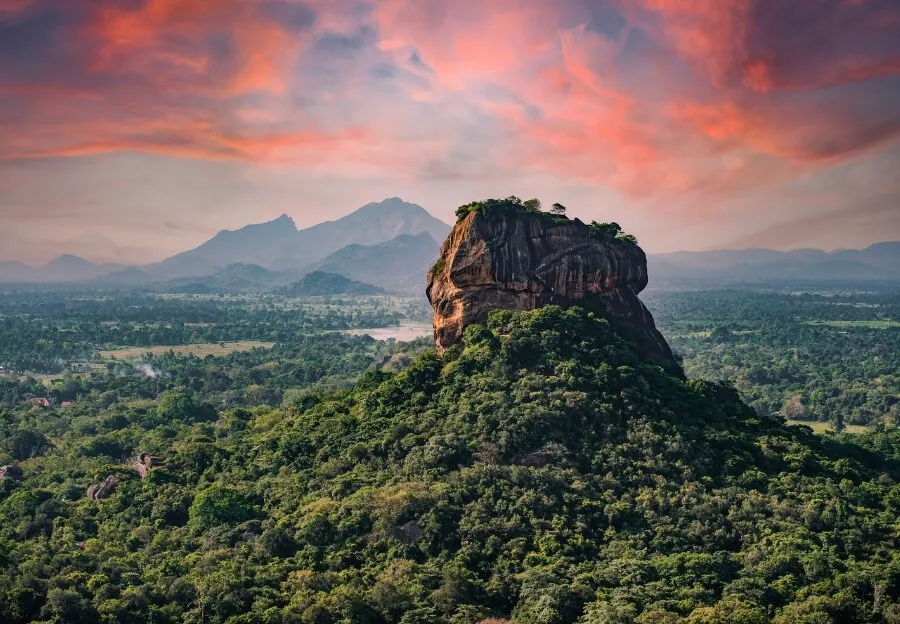 Üppige grüne Landschaft in Sri Lanka mit Palmen und Bergen