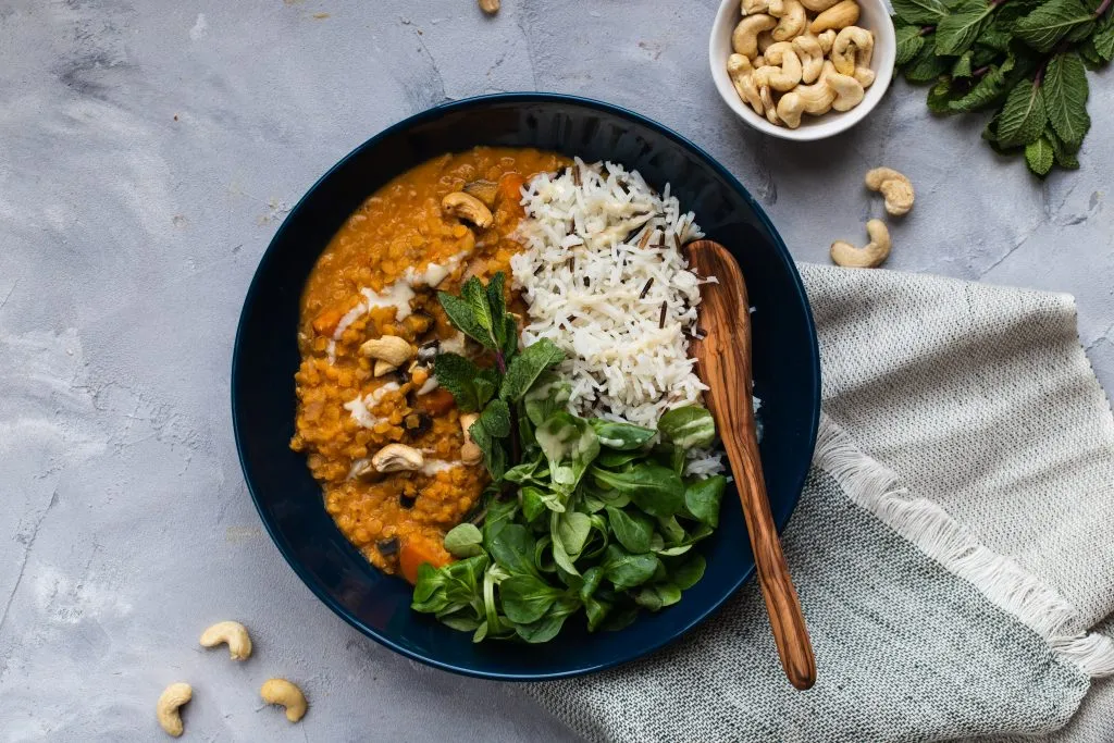 Veganes Linsencurry mit Reis in einer Schale serviert