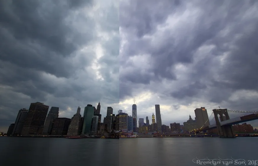 Vergleich eines HDR-Bildes mit einem normal belichteten Foto der New Yorker Skyline