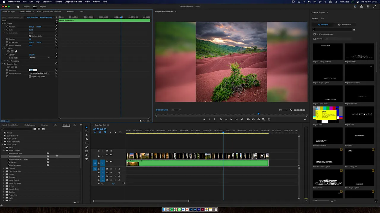 Vergrößern Sie die verschachtelte Spur, bis sie den Rahmen ausfüllt. Fügen Sie einen Gaußschen Weichzeichner-Effekt und alle anderen gewünschten Effekte hinzu. Denken Sie daran, es ist am besten, es einfach zu halten.