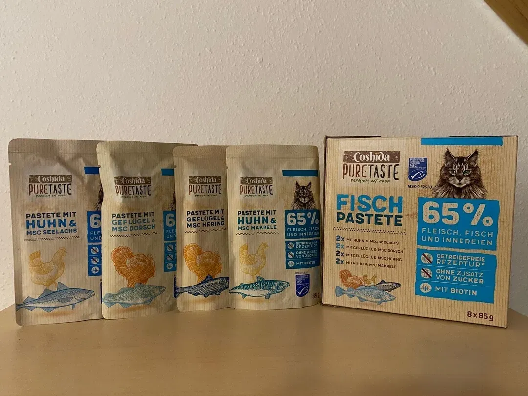 Verpackung der Coshida Fisch Pastete mit Huhn und MSC Seelachs