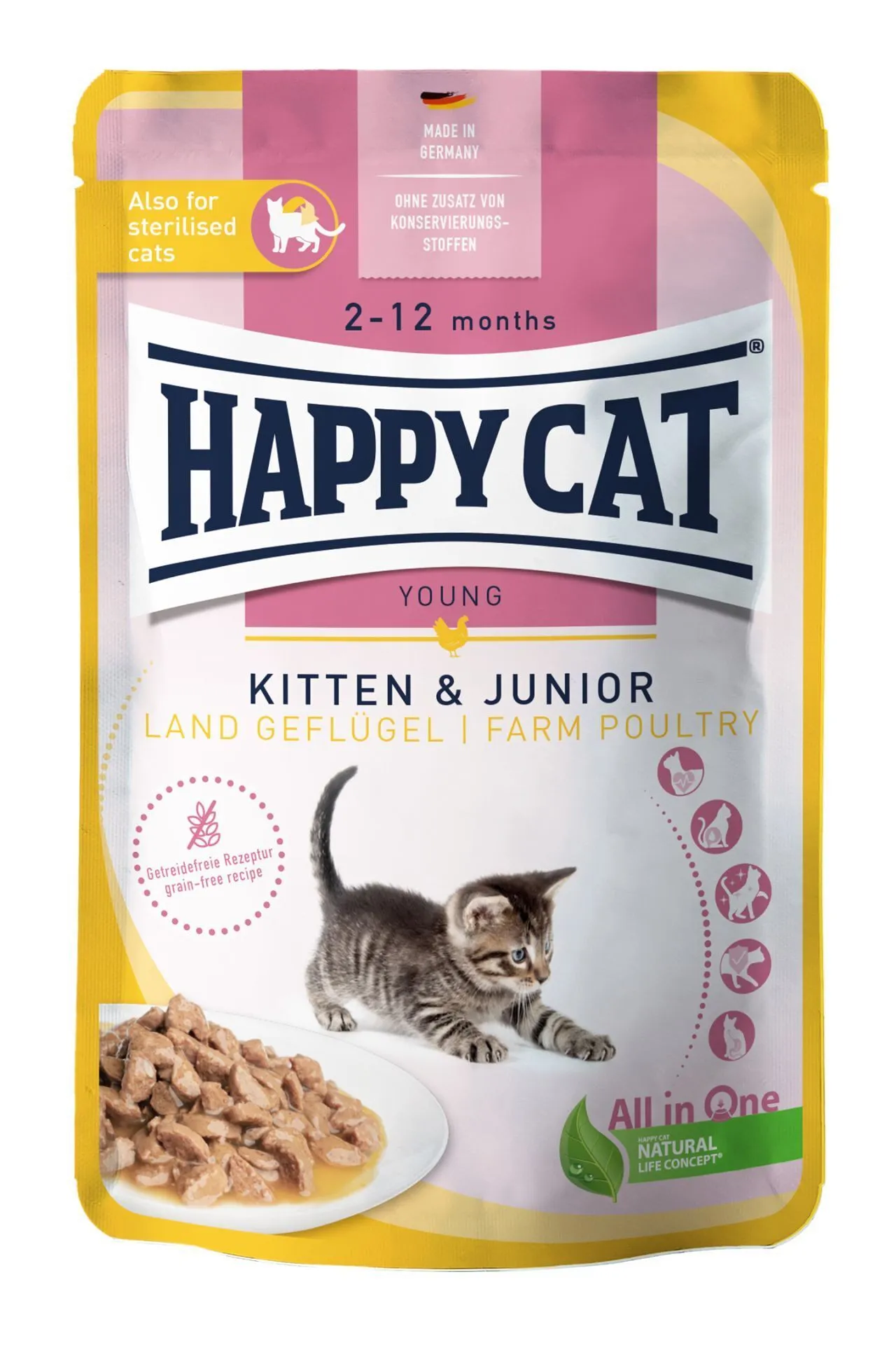 Verpackung für Happy Cat Katzenfutter, speziell für junge Katzen, mit landwirtschaftlichem Geflügel, getreidefreie Rezeptur, geeignet für sterilisierte Katzen. Enthält Bild von Katzenfutter und spielendem Kätzchen.