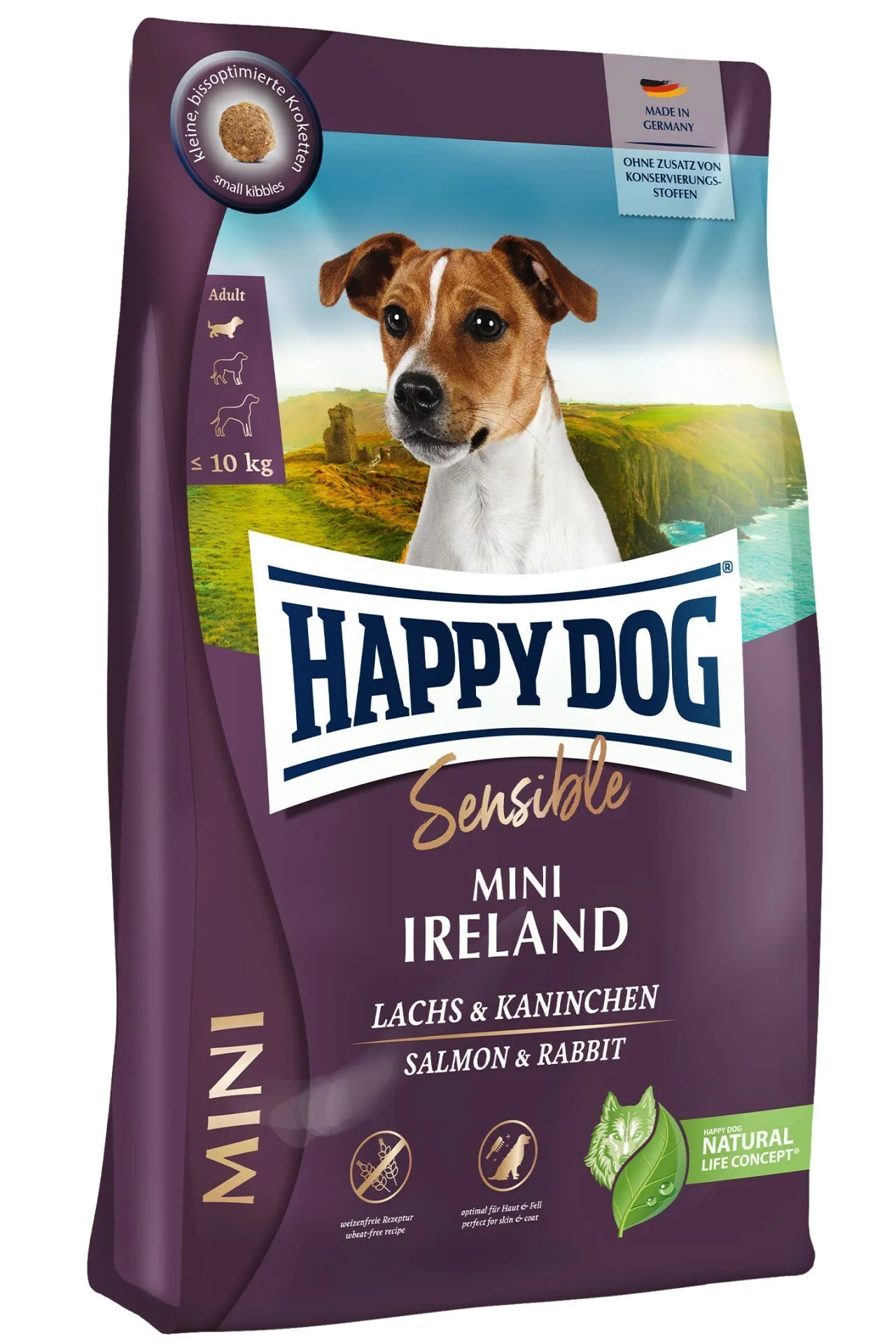 Verpackung Happy Dog Sensible Mini Ireland mit kleinem Hund.
