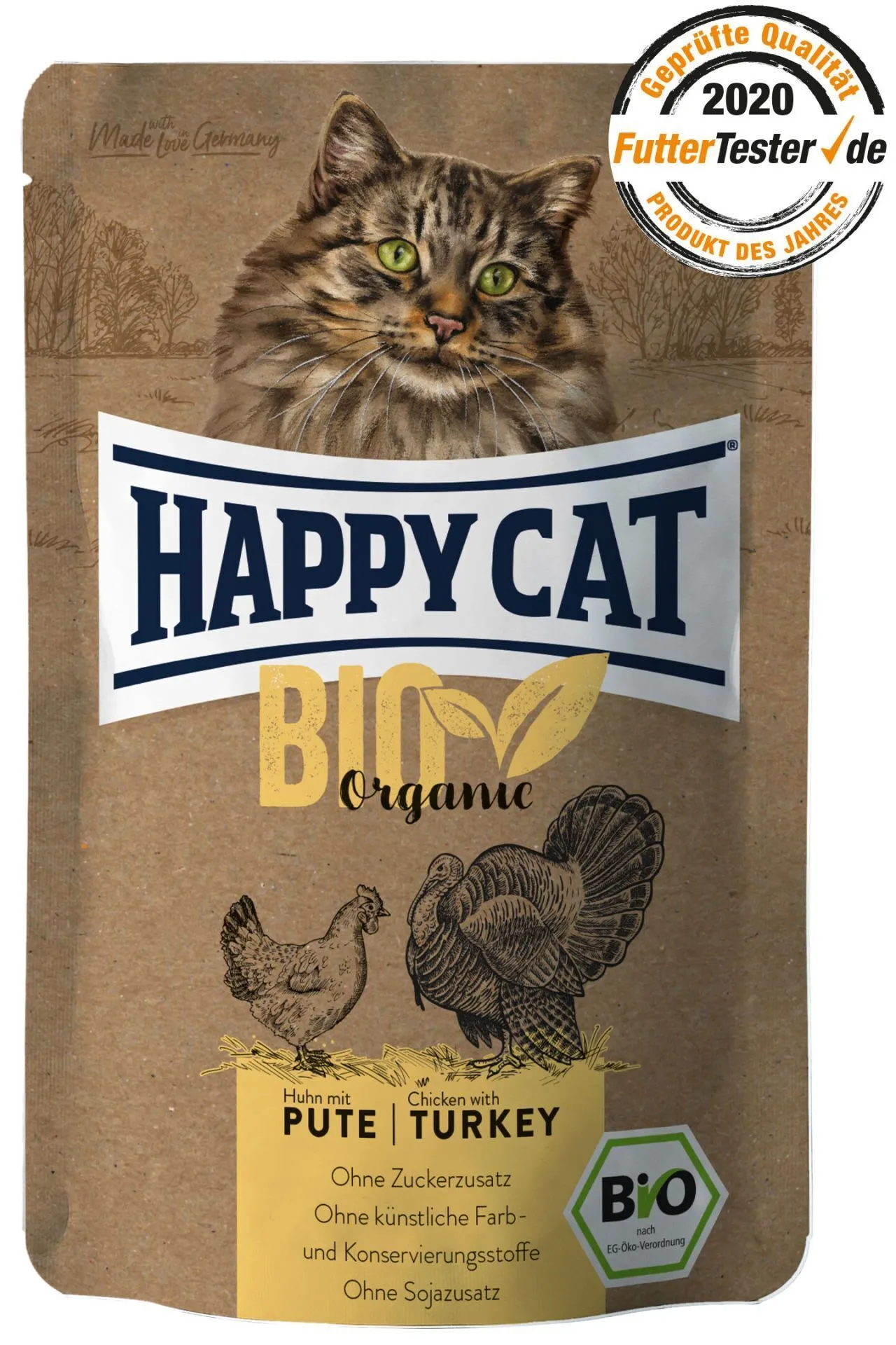 Verpackung von Happy Cat Bio Organic Huhn mit Pute