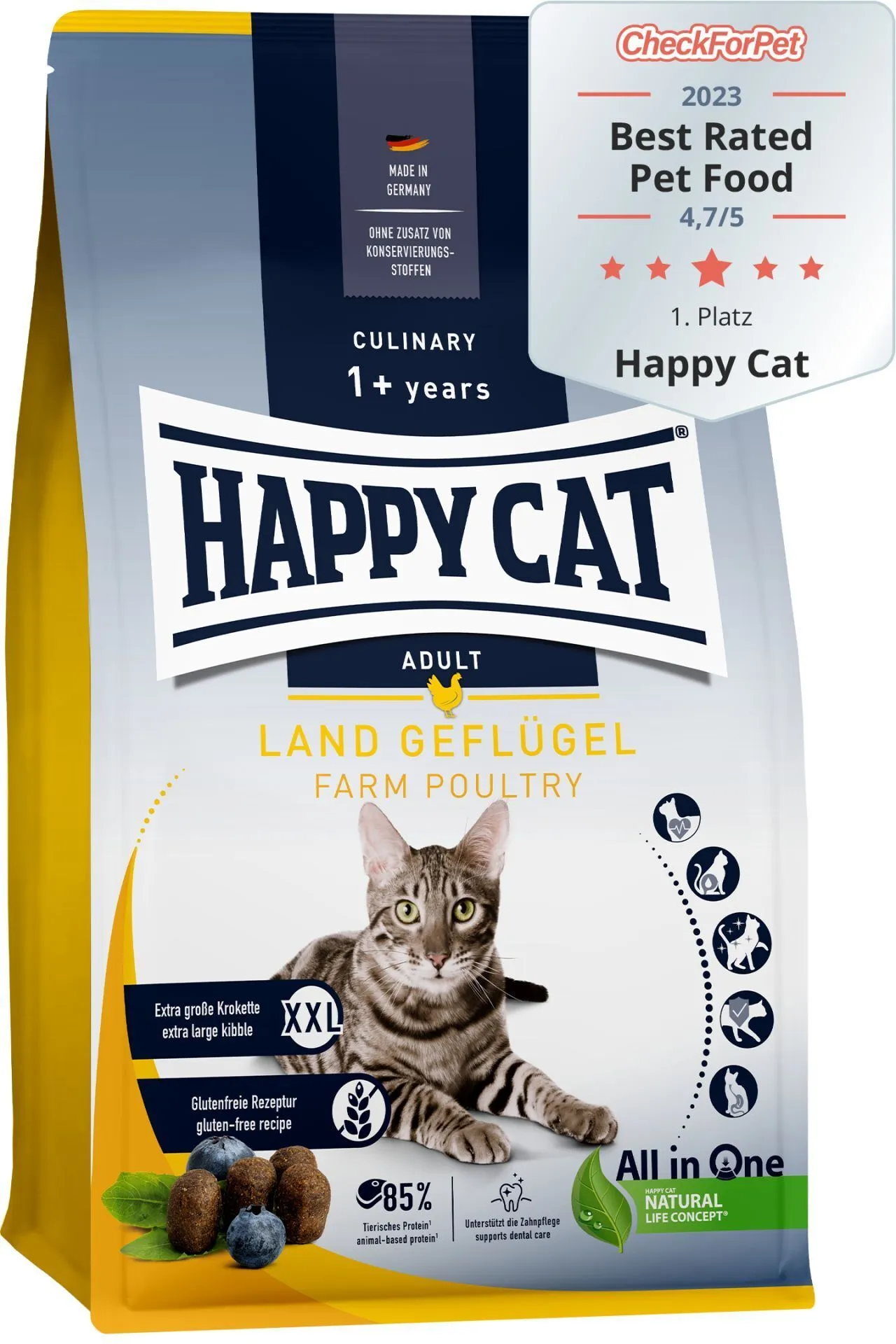 Verpackung von Happy Cat Culinary Adult Land-Geflügel Katzenfutter mit Heidelbeeren.