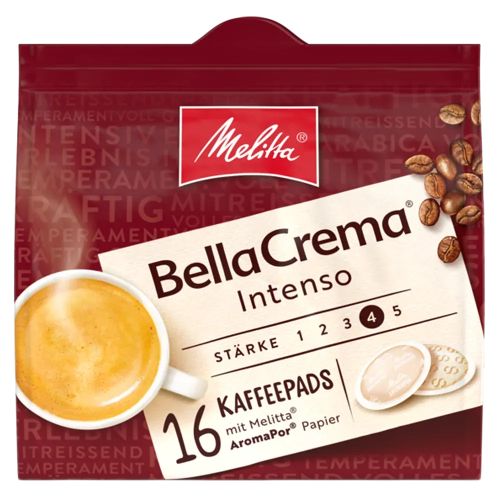 Verpackung von Melitta BellaCrema Intenso Kaffeepads, bekannt für ihren kräftigen Geschmack
