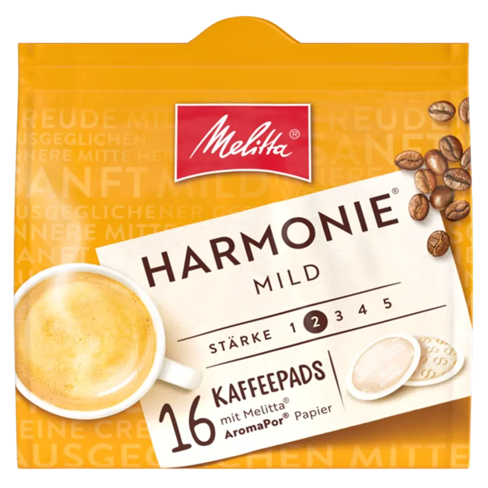 Verpackung von Melitta Harmonie mild Kaffeepads, die einen sanften Kaffeegenuss versprechen