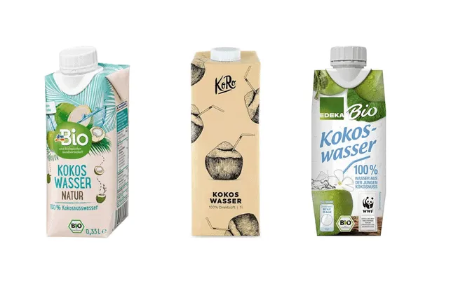 Verschiedene Bio-Kokoswasser-Produkte in Supermärkten und Drogerien