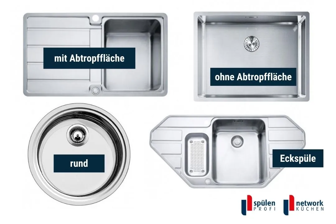 Verschiedene Edelstahlspülen mit und ohne Abtropffläche, eckig und rund