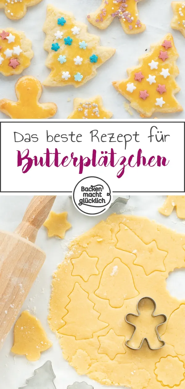 Verschiedene Formen von Butterplätzchen, einige mit Zuckerguss dekoriert