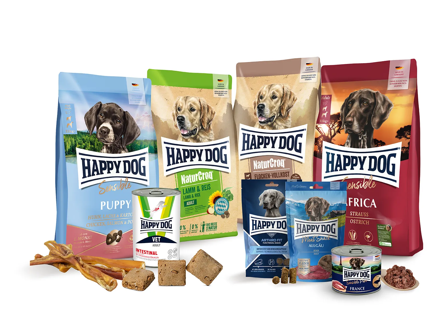 Verschiedene HappyDog Hundefutterprodukte in verschiedenen Verpackungen und Größen, darunter Trockenfutter, Nassfutter und Snacks, arrangiert vor einem neutralen Hintergrund.
