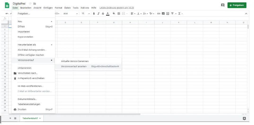 Versionsverlauf von Google Tabellen