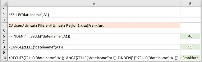 Verwendung der RECHTS-Funktion in Kombination mit LÄNGE und FINDEN zur Isolation des Blattnamens
